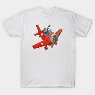 The waving pilot in his red airplane T-Shirt